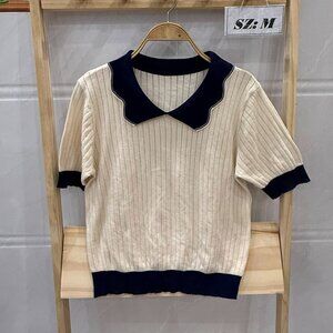 Cream Navy Sailor Collar Ribbed Knit Top